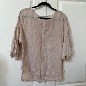 Francesca Bettini Linen Blouse Womens M Pink Eyelet Made in Italy Boho Lagenlook
